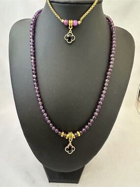 Amethyst Bead Necklace and Bolo Bracelet with Gold Tone Clover Charm